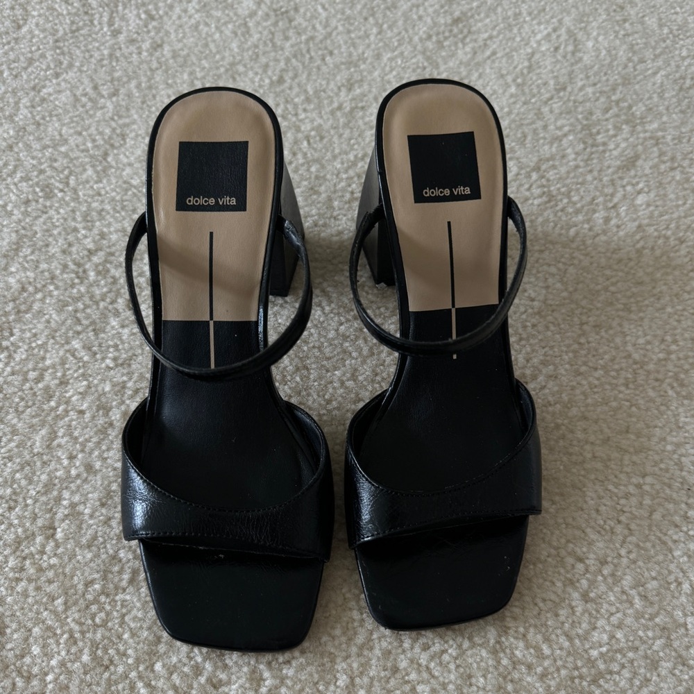 Dolce Vita Black Leather Square-Strap Mid Block Heel Sandals